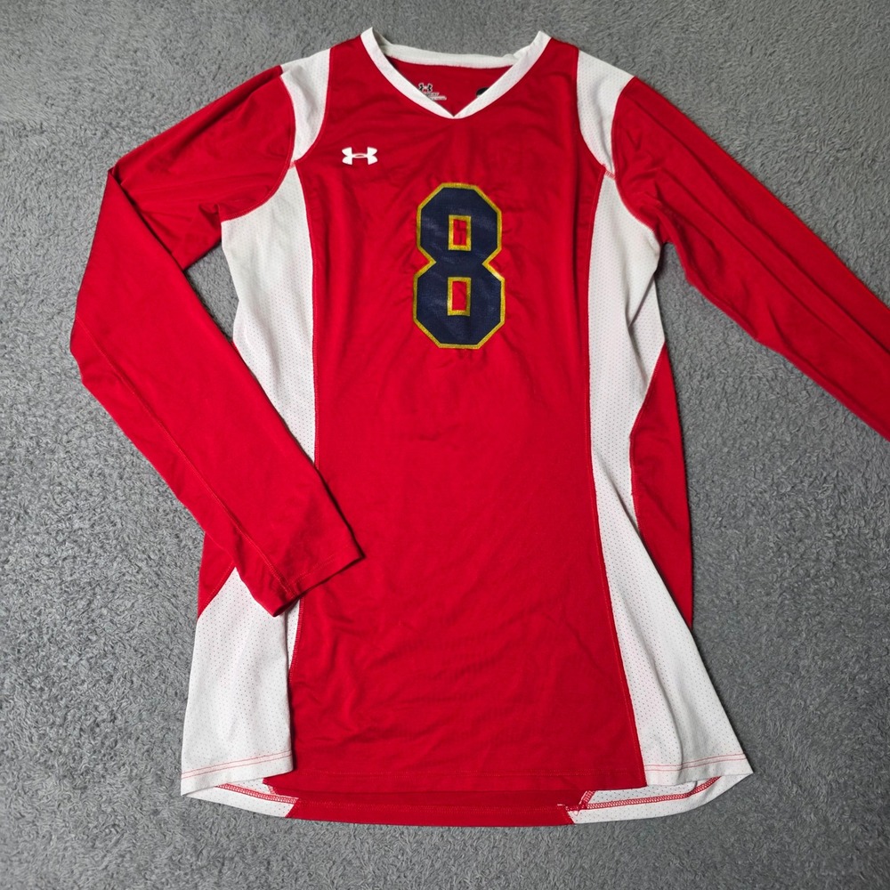 Under Armour Womens MD Jersey Red White Long Sleeve Volleyball Number 8 HeatGear